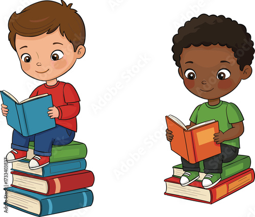 Cartoon boys reading books, children sitting on stacked books, happy kids studying, learning education concept, knowledge illustration, school reading activity