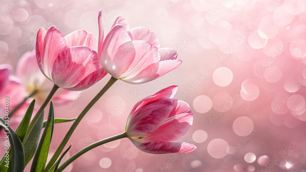 Obraz premium Pink and white striped tulips cluster together on green stems against soft pink bokeh, creating delicate spring floral arrangement with natural beauty