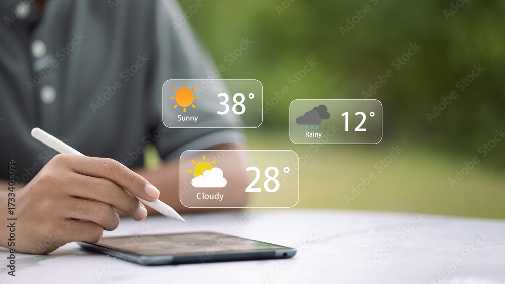 Fotografie Augmented Reality Weather Forecast on Tablet with Stylus, Man Using Smart UI Out