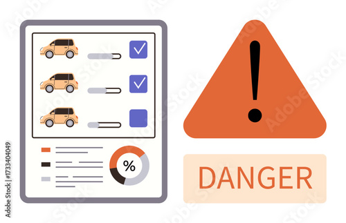 Checklist of cars with progress sliders and a pie chart for analysis beside a warning triangle with Danger text. Ideal for safety, risk management, assessments, automotive, warnings, infographics