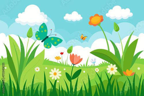 green grass and flowers