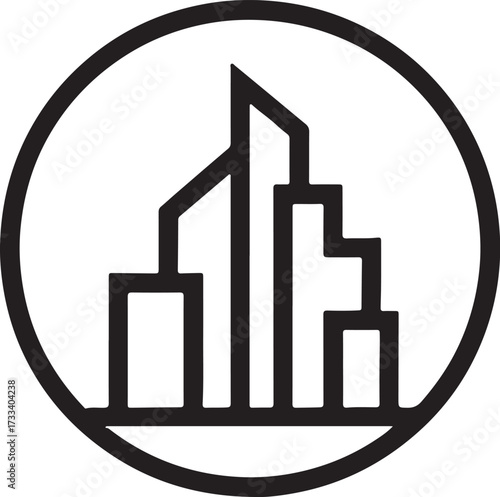 Cityscape Buildings Black and White Icon with Long Shadow