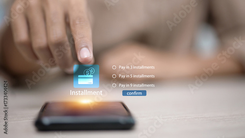 Billede på lærred Selecting Installment Plan on Smartphone, BNPL Mobile Checkout Options