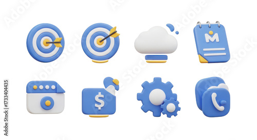 Blue And White 3D Icons For Business And Technology collection transparent isolated on a transparent background