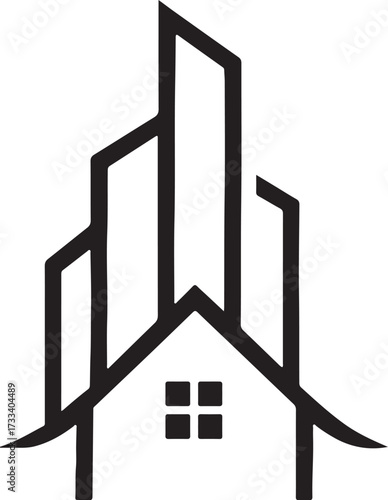 Cityscape Buildings Black and White Icon with Long Shadow