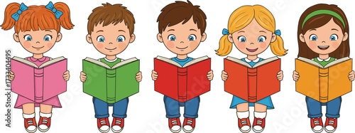 Cartoon children reading colorful books together, happy boys and girls studying, learning, education, school kids illustration, knowledge, friendship, isolated design