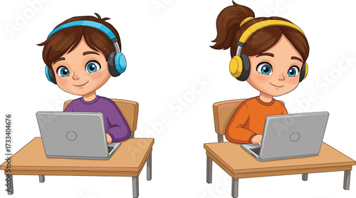 Cartoon children sitting at school desk using laptop computer with headphones, online learning, digital classroom, remote education, technology study illustration