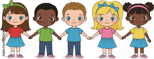 Cartoon diverse children holding hands, happy kids friendship illustration, multicultural unity, childhood education, teamwork, peace, school diversity, equality, togetherness