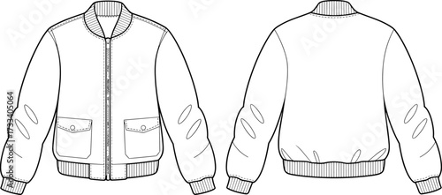 Bomber jacket technical sketch, front and back view, zipper closure, flap pockets, ribbed cuffs, fashion illustration, garment construction, apparel design