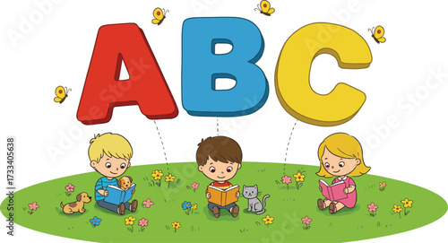 Cute cartoon children learning alphabet ABC, kids reading books outdoors, preschool education illustration with letters, animals, butterflies, flowers, grass background