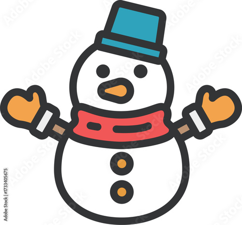 バケツの帽子をかぶった、雪だるまのアイコン（線画カラー）のイラスト