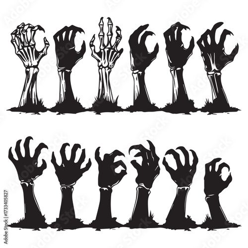 a set of 12 black zombie hand silhouettes rising from the ground in a horror and Halloween style 