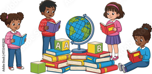Diverse children reading books together, studying with globe, cartoon illustration, teamwork, education, school learning, classroom activity, knowledge sharing, childhood development