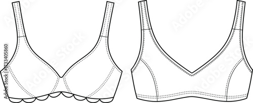 Bra technical sketch, front view designs, underwire cups, contour seams, scalloped band, wide straps, fashion illustration, garment construction, lingerie design