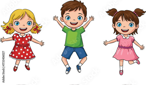 Happy cartoon kids jumping, smiling boy and girls illustration, childhood fun, playful children, active lifestyle, joy, friendship, cheerful energy, happiness