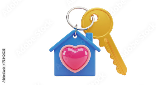 Blue House Keychain with Pink Heart and Gold Key home isolated on a transparent background