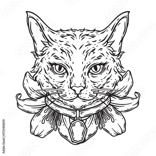 illustration art hand drawn black and white cat with lily flower tattoo and t-shirt design