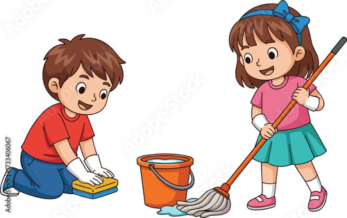 Happy children cleaning floor together, boy scrubbing with sponge, girl mopping water, teamwork, home chores, bucket, hygiene, cartoon illustration, fun activity