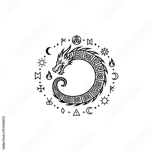 Ancient Symbols Dragon Thick line, clean vector art featuring a dragon entwined with ankh, runes, and esoteric symbols. High-res, unique digital ornament.