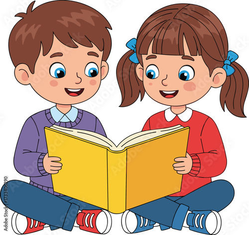 Happy children reading book together, boy and girl studying, cartoon illustration, education, learning, school, friendship, fun activity, knowledge sharing
