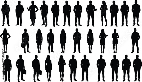 Business silhouette, corporate group, professional attire, standing posture, formal wear, office team, leadership icon, diverse figures, isolated shape, black background