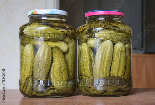 Homemade pickled cucumbers in glass jars with dill and leaves