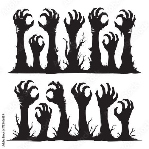 a set of 12 black zombie hand silhouettes rising from the ground in a horror and Halloween style 