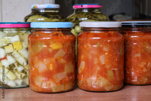 Healthy food concept with zucchini pickles in assorted brines