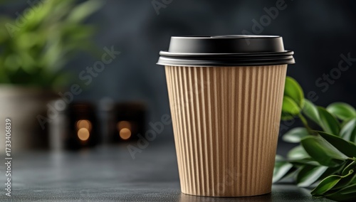Brown ridged takeout cup on gray counter, dark background