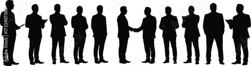 Business silhouette, corporate team, handshake gesture, professional attire, office interaction, leadership pose, formal wear, teamwork concept, standing figure, isolated shape