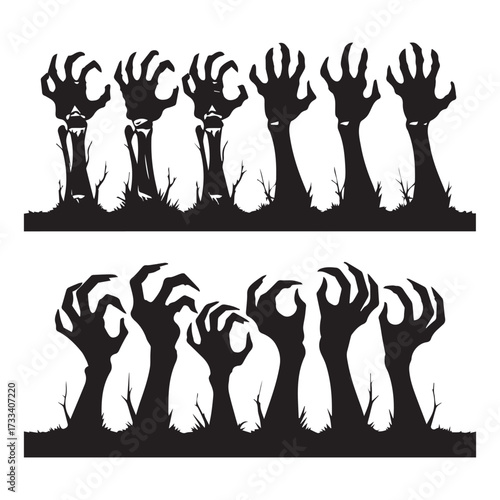 a set of 12 black zombie hand silhouettes rising from the ground in a horror and Halloween style 
