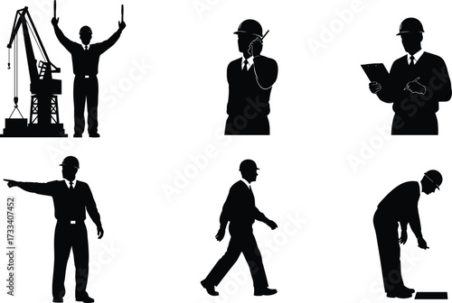 construction, worker, silhouette, crane, signal, communication, inspection, teamwork, safety