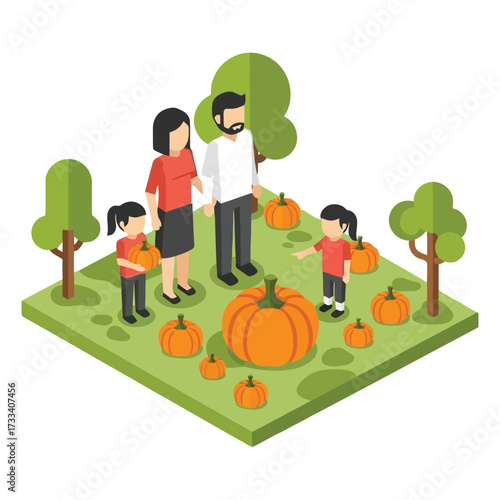 Happy family enjoys autumn fun selecting pumpkins at the patch 