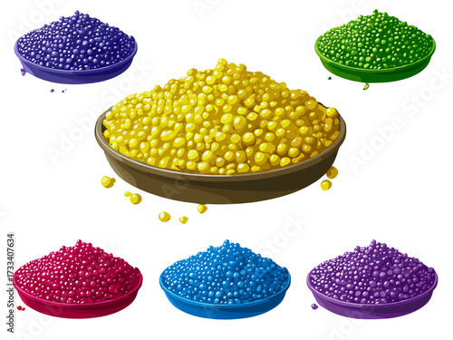 This image showcases a variety of colorful fertilizer beads, each in different shades like yellow, green, purple, blue, and pink, arranged in separate bowls. These beads represent various types of fer