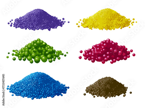 This image showcases a variety of colorful fertilizer beads, each in different shades like yellow, green, purple, blue, and pink, arranged in separate bowls. These beads represent various types of fer