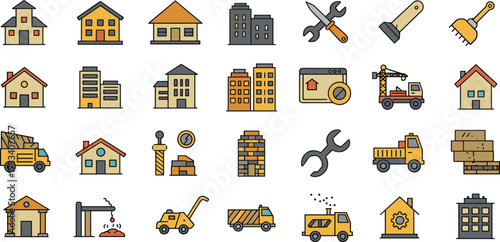 Real estate icons, construction vehicles, property development tools, housing renovation, architecture design, building materials, urban infrastructure graphics vector illustration