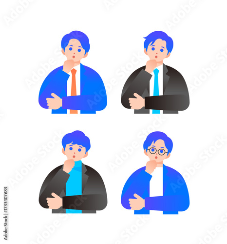 考えるポーズの男性イラストセット（上半身）