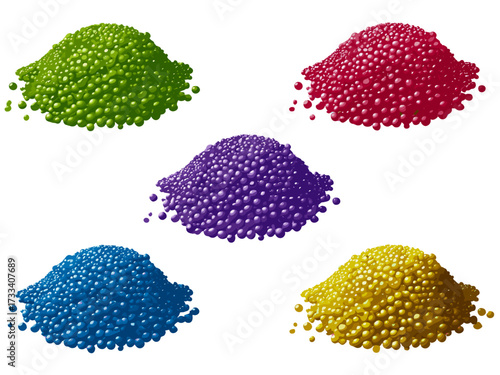This image showcases a variety of colorful fertilizer beads, each in different shades like yellow, green, purple, blue, and pink, arranged in separate bowls. These beads represent various types of fer