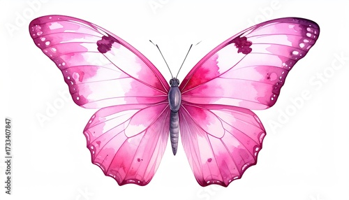 A watercolor illustration of a pink butterfly with detailed wing patterns on white