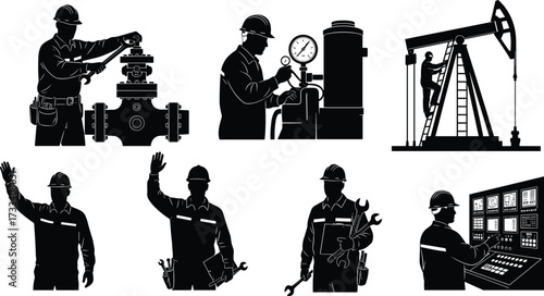 oil, gas, worker, silhouette, industry, drilling, maintenance, repair, safety, teamwork, occupation