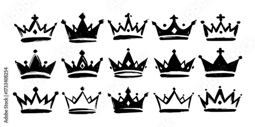 Set of crown icon in brush stroke texture paint style. hand drawn illustration.
