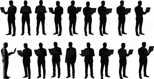 Business silhouette, laptop user, corporate team, professional attire, office technology, digital workspace, formal wear, teamwork concept, isolated figure, black shape