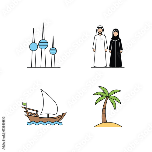 Set of four colorful line art icons representing Kuwaiti culture and landmarks, including towers, traditional people, a dhow boat, and a palm tree.