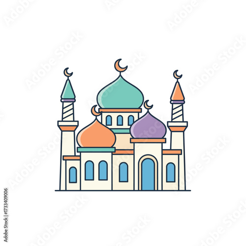 Colorful cartoon mosque illustration with multiple domes and minarets, featuring crescent moons, on a white background.