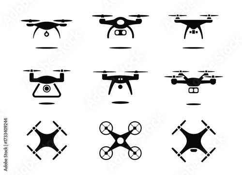 Drone Quadcopter Icon Set,  Black Silhouette Vector Collection of Camera Drones, Flat Modern Illustrations Isolated on White Background