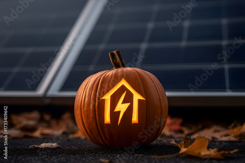 Carved pumpkin glows with house and lightning symbol near solar panel during autumn