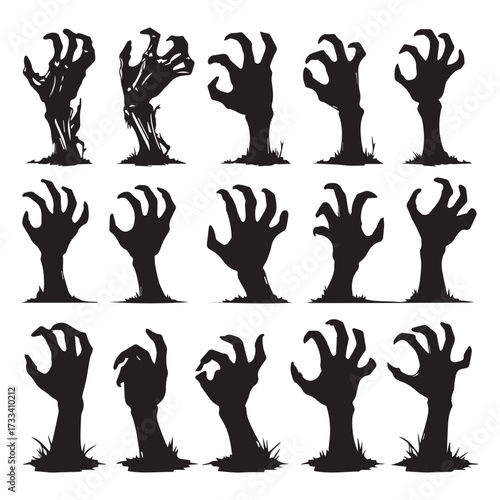 a set of 12 black zombie hand silhouettes rising from the ground in a horror and Halloween style 