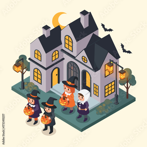 Isometric illustration of children in Halloween costumes trick-or-treating at a spooky haunted house with flying bats at night