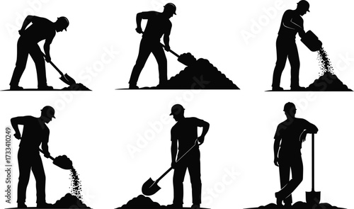 construction, worker, silhouette, shovel, digging, labor, teamwork, safety, industry, occupation, black, vector,