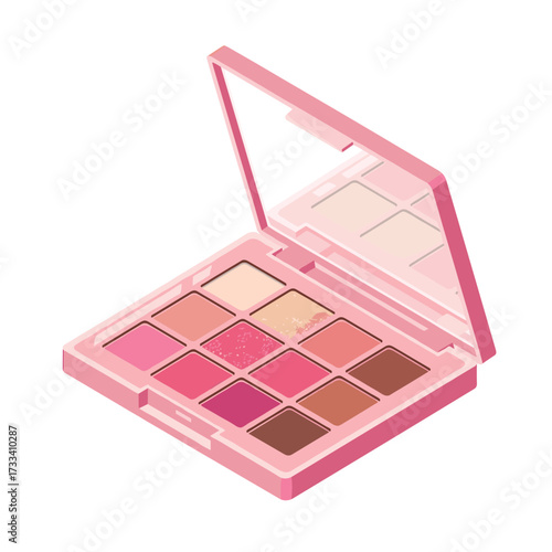 An open pink eyeshadow palette featuring a mirror and a selection of nude, rose, and brown shades. Isometric vector illustration of a cosmetic makeup product